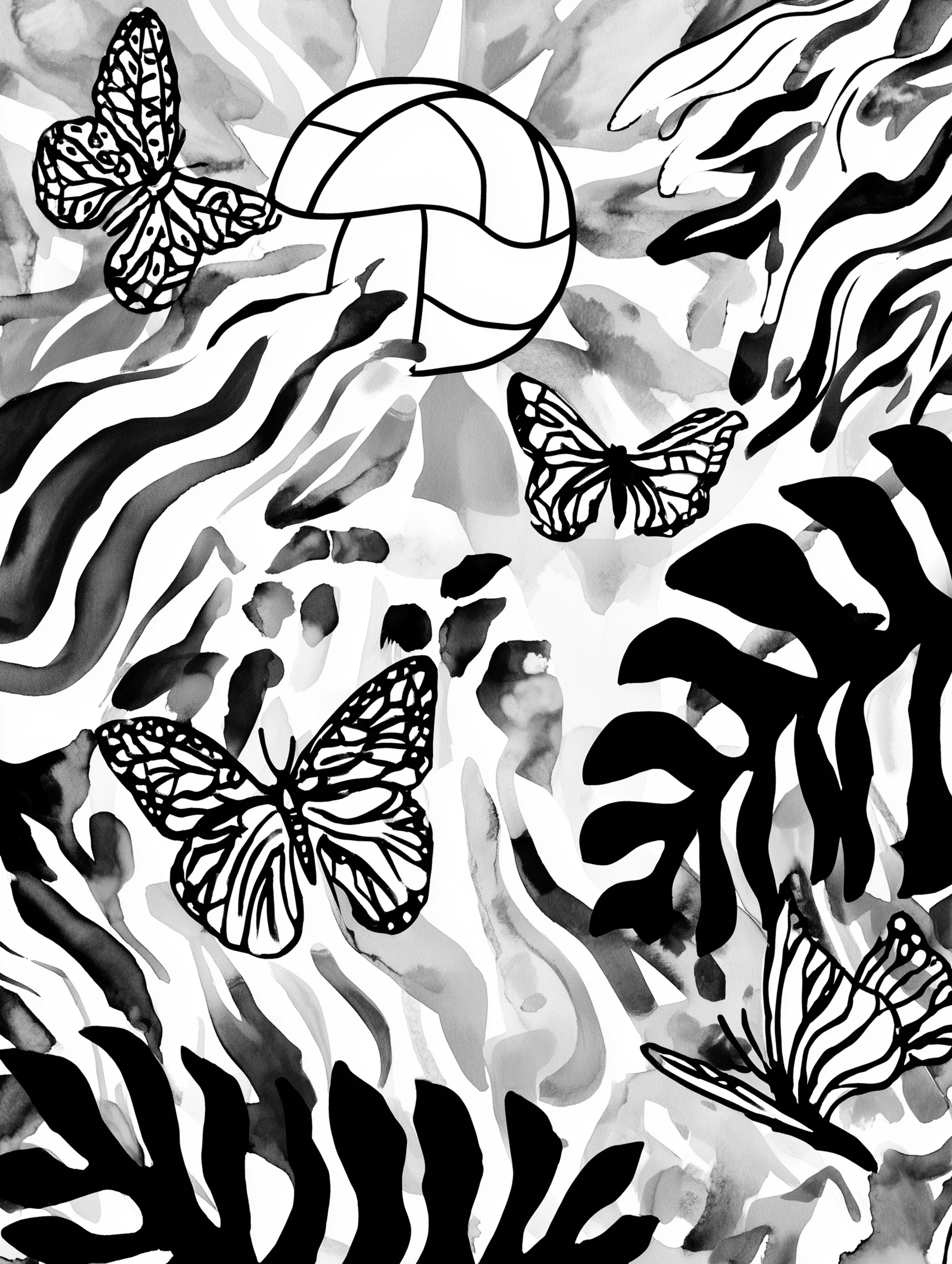 Free printable volleyball coloring page for adults featuring plants, butterflies, and a volleyball
